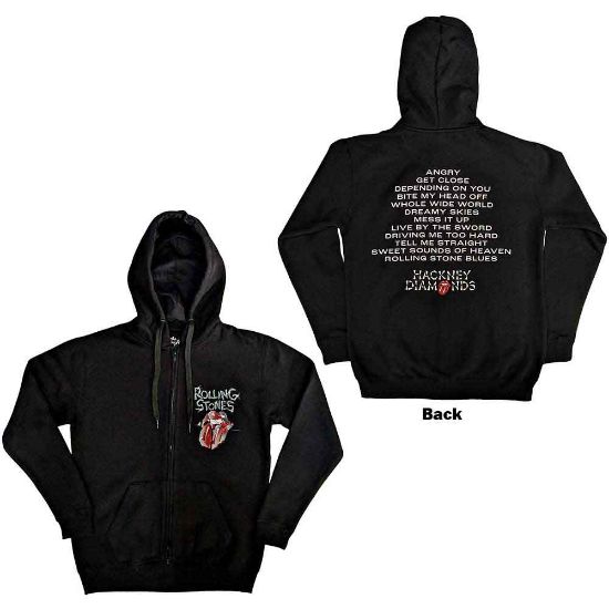 Picture of The Rolling Stones Unisex Zipped Hoodie: Hackney Diamonds Tracklist Back Print